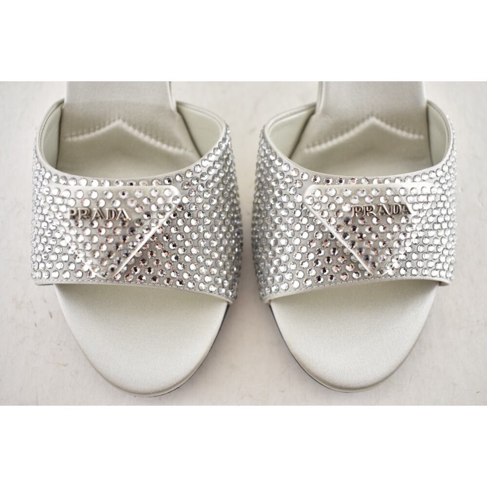 Prada Crystal Satin Stiletto Perla White Grey Backless Sandal Mule Heel Pump 36 - Picture 13 of 16